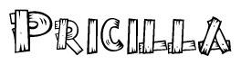 The clipart image shows the name Pricilla stylized to look as if it has been constructed out of wooden planks or logs. Each letter is designed to resemble pieces of wood.