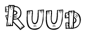 The image contains the name Ruud written in a decorative, stylized font with a hand-drawn appearance. The lines are made up of what appears to be planks of wood, which are nailed together