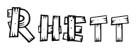 The clipart image shows the name Rhett stylized to look as if it has been constructed out of wooden planks or logs. Each letter is designed to resemble pieces of wood.