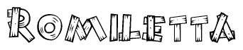 The clipart image shows the name Romiletta stylized to look as if it has been constructed out of wooden planks or logs. Each letter is designed to resemble pieces of wood.