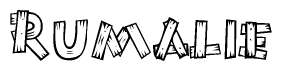 The image contains the name Rumalie written in a decorative, stylized font with a hand-drawn appearance. The lines are made up of what appears to be planks of wood, which are nailed together