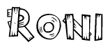 The clipart image shows the name Roni stylized to look as if it has been constructed out of wooden planks or logs. Each letter is designed to resemble pieces of wood.
