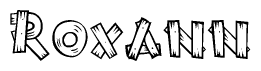 The clipart image shows the name Roxann stylized to look as if it has been constructed out of wooden planks or logs. Each letter is designed to resemble pieces of wood.