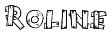 The image contains the name Roline written in a decorative, stylized font with a hand-drawn appearance. The lines are made up of what appears to be planks of wood, which are nailed together