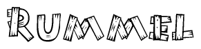 The clipart image shows the name Rummel stylized to look as if it has been constructed out of wooden planks or logs. Each letter is designed to resemble pieces of wood.
