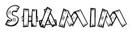 The image contains the name Shamim written in a decorative, stylized font with a hand-drawn appearance. The lines are made up of what appears to be planks of wood, which are nailed together