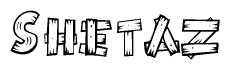 The image contains the name Shetaz written in a decorative, stylized font with a hand-drawn appearance. The lines are made up of what appears to be planks of wood, which are nailed together