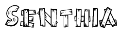 The image contains the name Senthia written in a decorative, stylized font with a hand-drawn appearance. The lines are made up of what appears to be planks of wood, which are nailed together