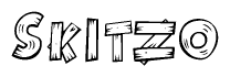 The image contains the name Skitzo written in a decorative, stylized font with a hand-drawn appearance. The lines are made up of what appears to be planks of wood, which are nailed together