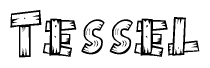The image contains the name Tessel written in a decorative, stylized font with a hand-drawn appearance. The lines are made up of what appears to be planks of wood, which are nailed together