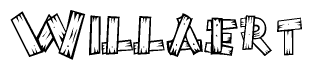 The image contains the name Willaert written in a decorative, stylized font with a hand-drawn appearance. The lines are made up of what appears to be planks of wood, which are nailed together