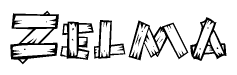 The image contains the name Zelma written in a decorative, stylized font with a hand-drawn appearance. The lines are made up of what appears to be planks of wood, which are nailed together
