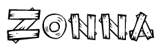 The clipart image shows the name Zonna stylized to look as if it has been constructed out of wooden planks or logs. Each letter is designed to resemble pieces of wood.