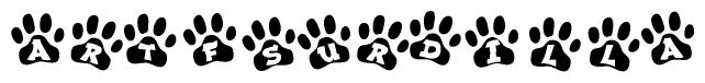 The image shows a row of animal paw prints, each containing a letter. The letters spell out the word Artfsurdilla within the paw prints.