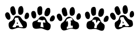 The image shows a series of animal paw prints arranged in a horizontal line. Each paw print contains a letter, and together they spell out the word Atiya.