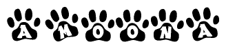 The image shows a series of animal paw prints arranged horizontally. Within each paw print, there's a letter; together they spell Amoona