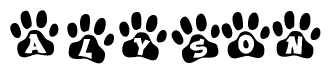 The image shows a row of animal paw prints, each containing a letter. The letters spell out the word Alyson within the paw prints.