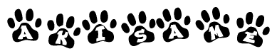 The image shows a series of animal paw prints arranged in a horizontal line. Each paw print contains a letter, and together they spell out the word Akisame.