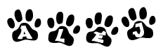 The image shows a series of animal paw prints arranged horizontally. Within each paw print, there's a letter; together they spell Alej