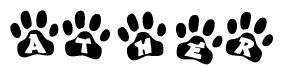 The image shows a row of animal paw prints, each containing a letter. The letters spell out the word Ather within the paw prints.