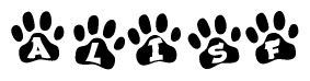 The image shows a series of animal paw prints arranged in a horizontal line. Each paw print contains a letter, and together they spell out the word Alisf.