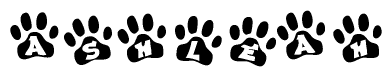 The image shows a series of animal paw prints arranged in a horizontal line. Each paw print contains a letter, and together they spell out the word Ashleah.
