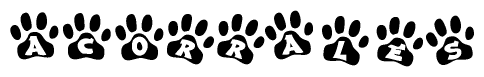 The image shows a series of animal paw prints arranged in a horizontal line. Each paw print contains a letter, and together they spell out the word Acorrales.