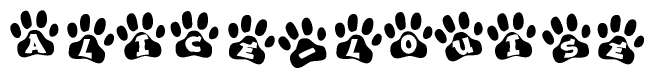 The image shows a series of animal paw prints arranged in a horizontal line. Each paw print contains a letter, and together they spell out the word Alice-louise.