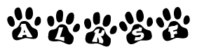 The image shows a row of animal paw prints, each containing a letter. The letters spell out the word Alksf within the paw prints.