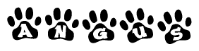 The image shows a series of animal paw prints arranged in a horizontal line. Each paw print contains a letter, and together they spell out the word Angus.
