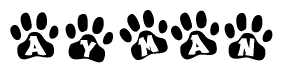 The image shows a row of animal paw prints, each containing a letter. The letters spell out the word Ayman within the paw prints.