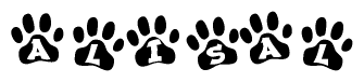 The image shows a series of animal paw prints arranged horizontally. Within each paw print, there's a letter; together they spell Alisal