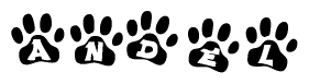 The image shows a row of animal paw prints, each containing a letter. The letters spell out the word Andel within the paw prints.