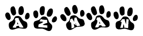The image shows a series of animal paw prints arranged in a horizontal line. Each paw print contains a letter, and together they spell out the word Azman.
