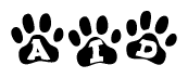 The image shows a series of animal paw prints arranged in a horizontal line. Each paw print contains a letter, and together they spell out the word Aid.