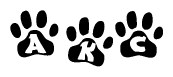 The image shows a row of animal paw prints, each containing a letter. The letters spell out the word Akc within the paw prints.