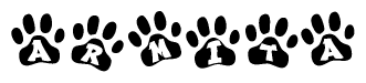 The image shows a series of animal paw prints arranged in a horizontal line. Each paw print contains a letter, and together they spell out the word Armita.