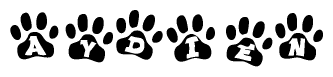 The image shows a series of animal paw prints arranged horizontally. Within each paw print, there's a letter; together they spell Aydien