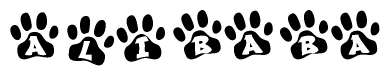 The image shows a row of animal paw prints, each containing a letter. The letters spell out the word Alibaba within the paw prints.