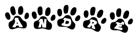 The image shows a series of animal paw prints arranged horizontally. Within each paw print, there's a letter; together they spell Andre