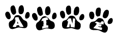 The image shows a series of animal paw prints arranged in a horizontal line. Each paw print contains a letter, and together they spell out the word Aine.