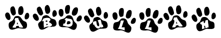 The image shows a series of animal paw prints arranged in a horizontal line. Each paw print contains a letter, and together they spell out the word Abdullah.