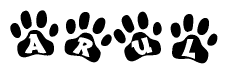 The image shows a series of animal paw prints arranged in a horizontal line. Each paw print contains a letter, and together they spell out the word Arul.