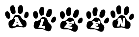 The image shows a series of animal paw prints arranged in a horizontal line. Each paw print contains a letter, and together they spell out the word Aleen.