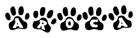 The image shows a series of animal paw prints arranged in a horizontal line. Each paw print contains a letter, and together they spell out the word Aroca.