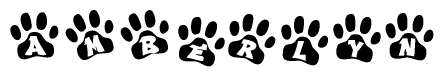 The image shows a series of animal paw prints arranged horizontally. Within each paw print, there's a letter; together they spell Amberlyn