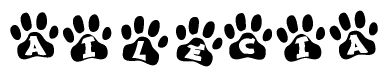 The image shows a row of animal paw prints, each containing a letter. The letters spell out the word Ailecia within the paw prints.