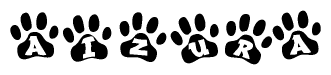 The image shows a series of animal paw prints arranged horizontally. Within each paw print, there's a letter; together they spell Aizura