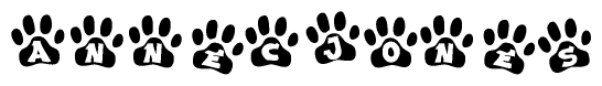 The image shows a series of animal paw prints arranged in a horizontal line. Each paw print contains a letter, and together they spell out the word Annecjones.