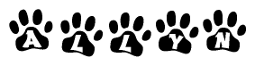 The image shows a series of animal paw prints arranged in a horizontal line. Each paw print contains a letter, and together they spell out the word Allyn.